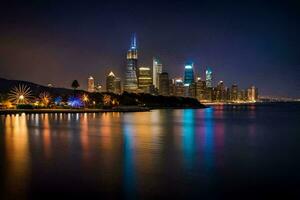 de chicago horisont på natt med lampor reflekterande av de vatten. ai-genererad foto