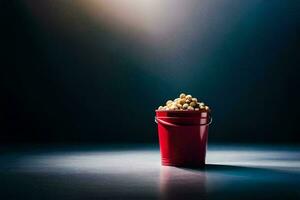 en röd hink fylld med popcorn på en mörk bakgrund. ai-genererad foto