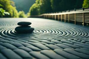 en zen trädgård med stenar och en väg. ai-genererad foto