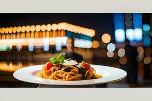 en tallrik av pasta med en stadsbild i de bakgrund. ai-genererad foto