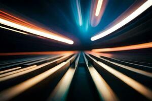 abstrakt bild av en tåg Spår med lampor. ai-genererad foto