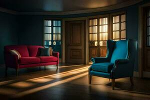 en rum med två stolar och en blå fåtölj. ai-genererad foto