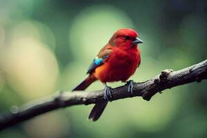 en röd fågel Sammanträde på en gren. ai-genererad foto