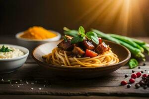 spaghetti med kött och grönsaker i en skål. ai-genererad foto