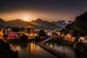 de Sol uppsättningar över de stad av udaipur, rajasthan. ai-genererad foto