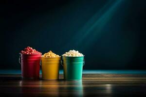 tre hinkar av popcorn på en mörk tabell. ai-genererad foto
