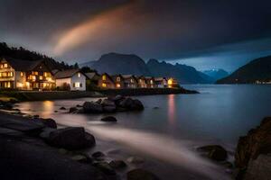 Foto tapet de himmel, natt, berg, hus, norge, de hav, de hus. ai-genererad