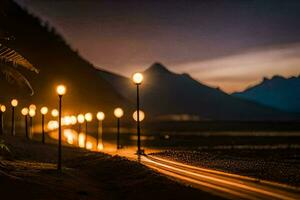 en lång linje av gata lampor på en strand på natt. ai-genererad foto