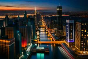 en stad horisont på natt med en flod löpning genom Det. ai-genererad foto