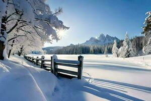 en snöig landskap med en staket och träd. ai-genererad foto