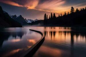 en lång linje av vatten är reflekterad i en sjö på solnedgång. ai-genererad foto