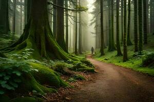 en man promenader ner en väg i de mitten av en skog. ai-genererad foto