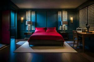 en sovrum med blå väggar och röd strö. ai-genererad foto