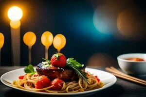 en tallrik av spaghetti med kött och tomater på en tabell. ai-genererad foto