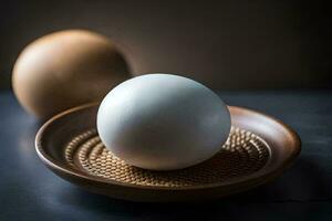 två ägg på en trä- tallrik. ai-genererad foto
