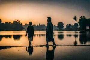 två män gående längs de Strand på solnedgång. ai-genererad foto