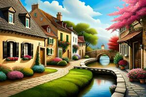 en målning av en små stad med en flod och blommor. ai-genererad foto