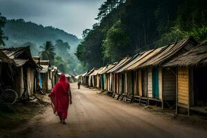 en kvinna promenader ner en smuts väg i en by. ai-genererad foto