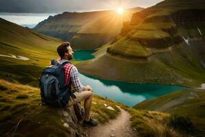 en man med en ryggsäck sitter på en kulle utsikt en sjö. ai-genererad foto