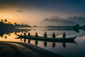 människor i en kanot på en sjö på soluppgång. ai-genererad foto