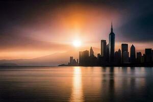 de Sol stiger över de stad horisont i hong kong. ai-genererad foto