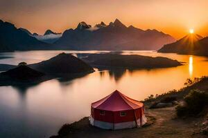 en jurta tält sitter på de kant av en sjö på solnedgång. ai-genererad foto