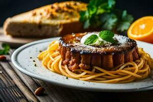 spaghetti med kött sås och bröd på en tallrik. ai-genererad foto