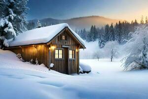 en små stuga i de snö. ai-genererad foto