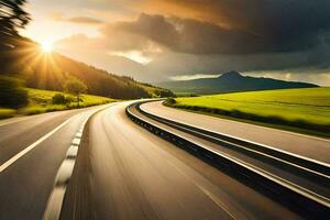 en bil körning på en motorväg med de Sol lysande. ai-genererad foto