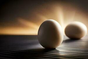 två ägg på en trä- tabell med en solsken. ai-genererad foto