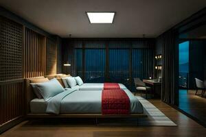 en modern hotell rum med två sängar och en se av de stad. ai-genererad foto