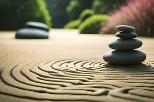 en zen trädgård med stenar och en spiral väg. ai-genererad foto