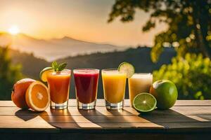 fem annorlunda juicer på en tabell med de Sol miljö Bakom dem. ai-genererad foto