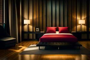 en modern sovrum med trä- golv och en röd säng. ai-genererad foto