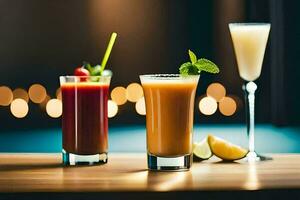 tre annorlunda drycker på en tabell. ai-genererad foto