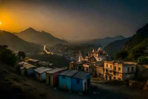 de Sol uppsättningar över en by i Indien. ai-genererad foto