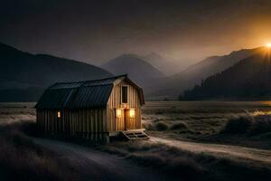 en små trä- hus sitter i de mitten av en fält på solnedgång. ai-genererad foto