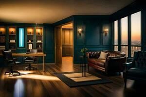 en rum med blå väggar och trä- golv. ai-genererad foto