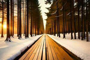 en lång trä- väg i de snö. ai-genererad foto