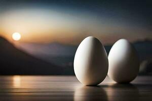 två vit ägg är Sammanträde på en tabell med en solnedgång i de bakgrund. ai-genererad foto