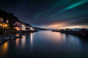 de aurora lampor glans över en små stad i Norge. ai-genererad foto