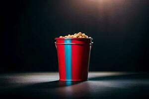 en röd hink fylld med popcorn på en mörk bakgrund. ai-genererad foto