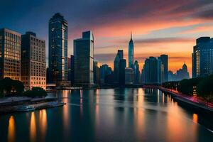 de stad horisont på solnedgång i chicago. ai-genererad foto