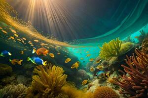 de Sol lyser över en korall rev med fisk och Övrig marin liv. ai-genererad foto