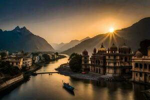 de Sol stiger över en flod i Indien. ai-genererad foto