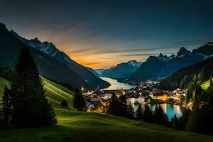 de Sol uppsättningar över de by av alpbach i de swiss alperna. ai-genererad foto