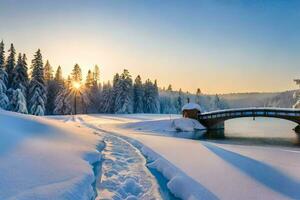 en bro över en frysta sjö i de vinter. ai-genererad foto