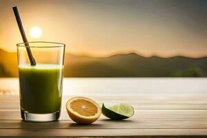 en glas av grön juice med en sugrör och en skiva av kalk. ai-genererad foto