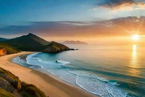 de Sol stiger över de hav och de strand i detta skön Foto. ai-genererad foto