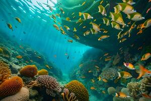 ett under vattnet scen med många fisk och korall. ai-genererad foto